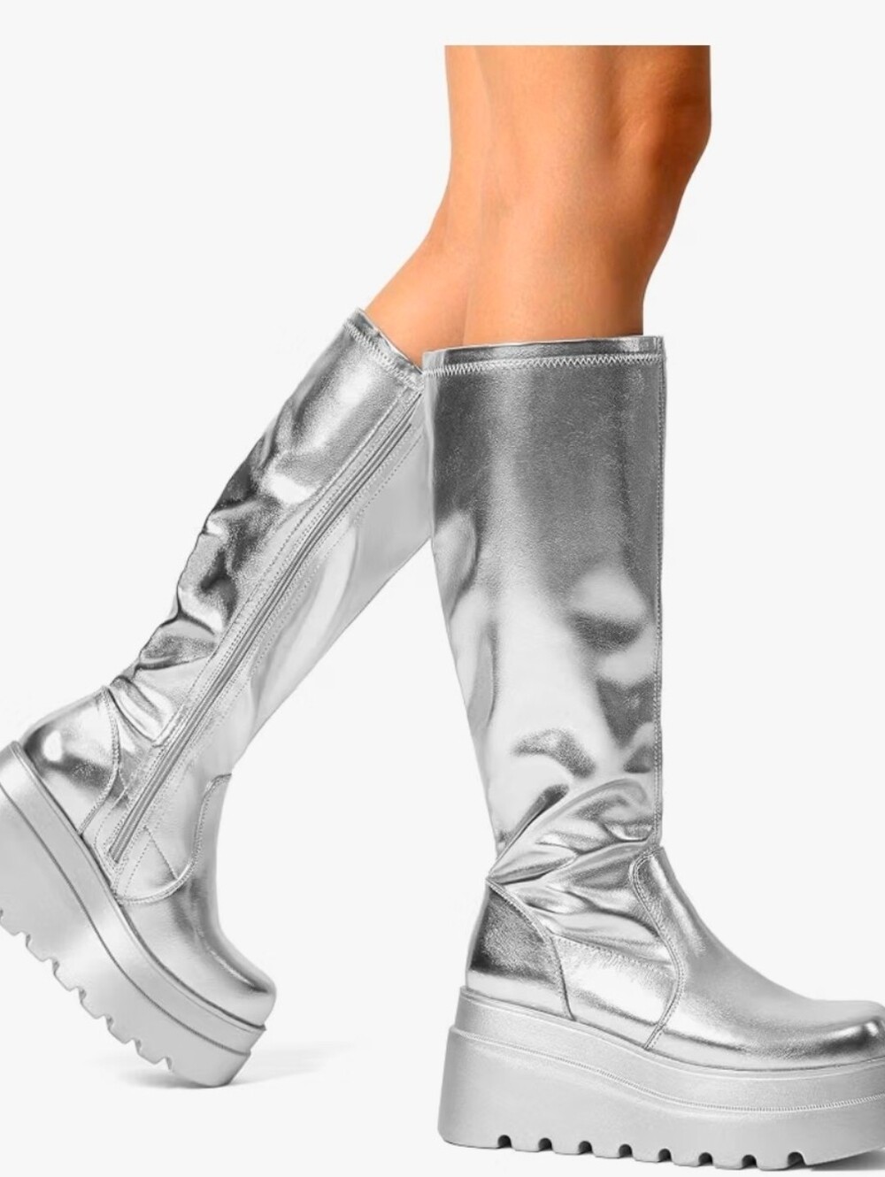 DREAM PAIRS Womens Knee High Wedge Chunky Heel, Round Toe, Boots,Silver,8.5